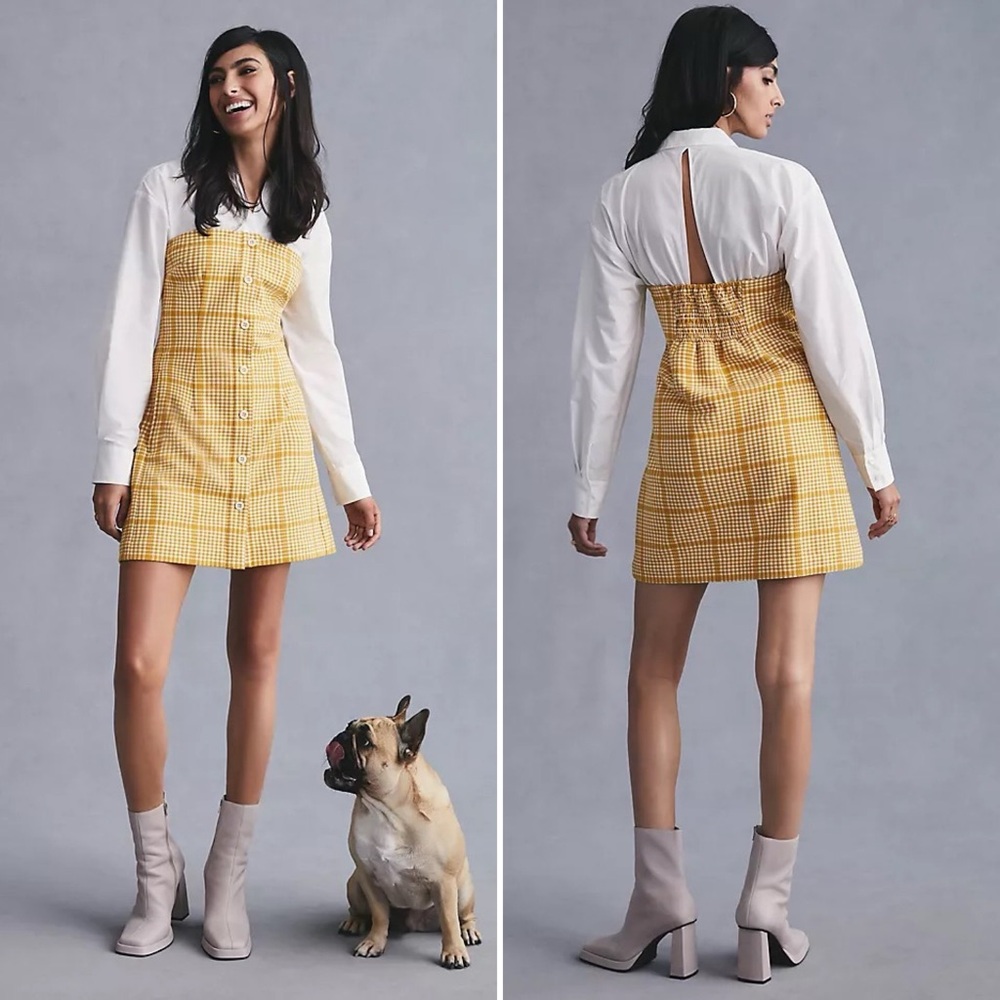 NEW Anthropologie Maeve Knit Twofer Yellow Plaid Mini Dress